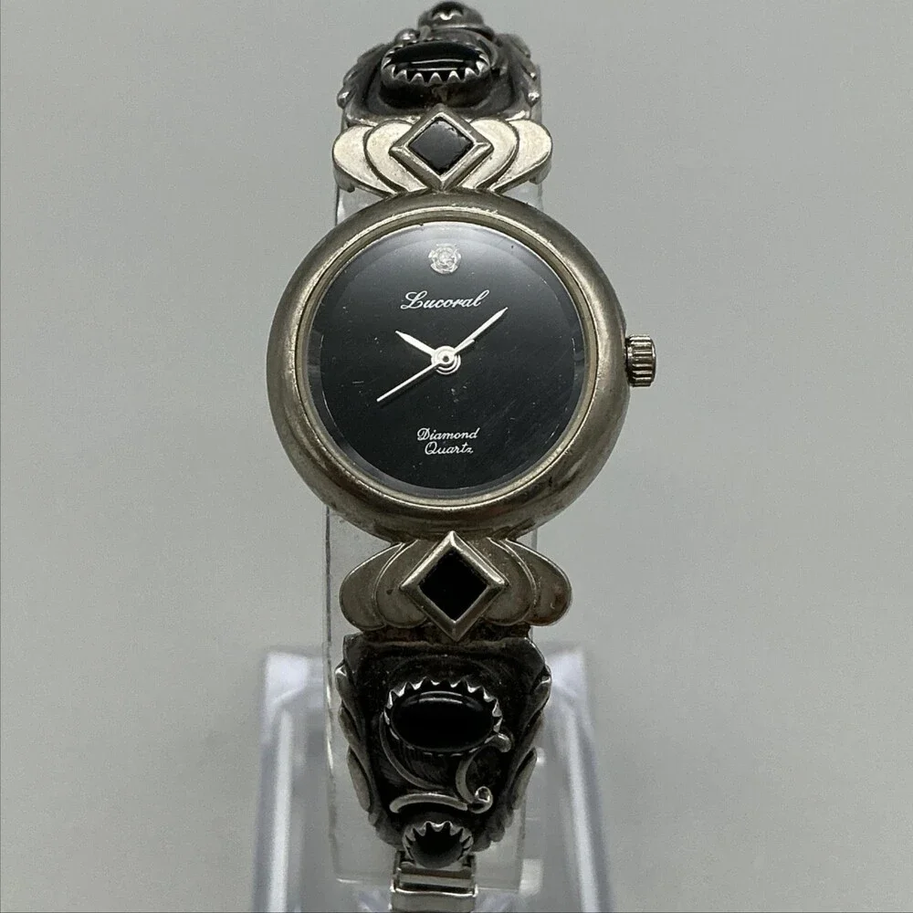 Lucoral Diamond Womens Watch 24mm Sterling Stamped Onyx Watch Tips New Battery